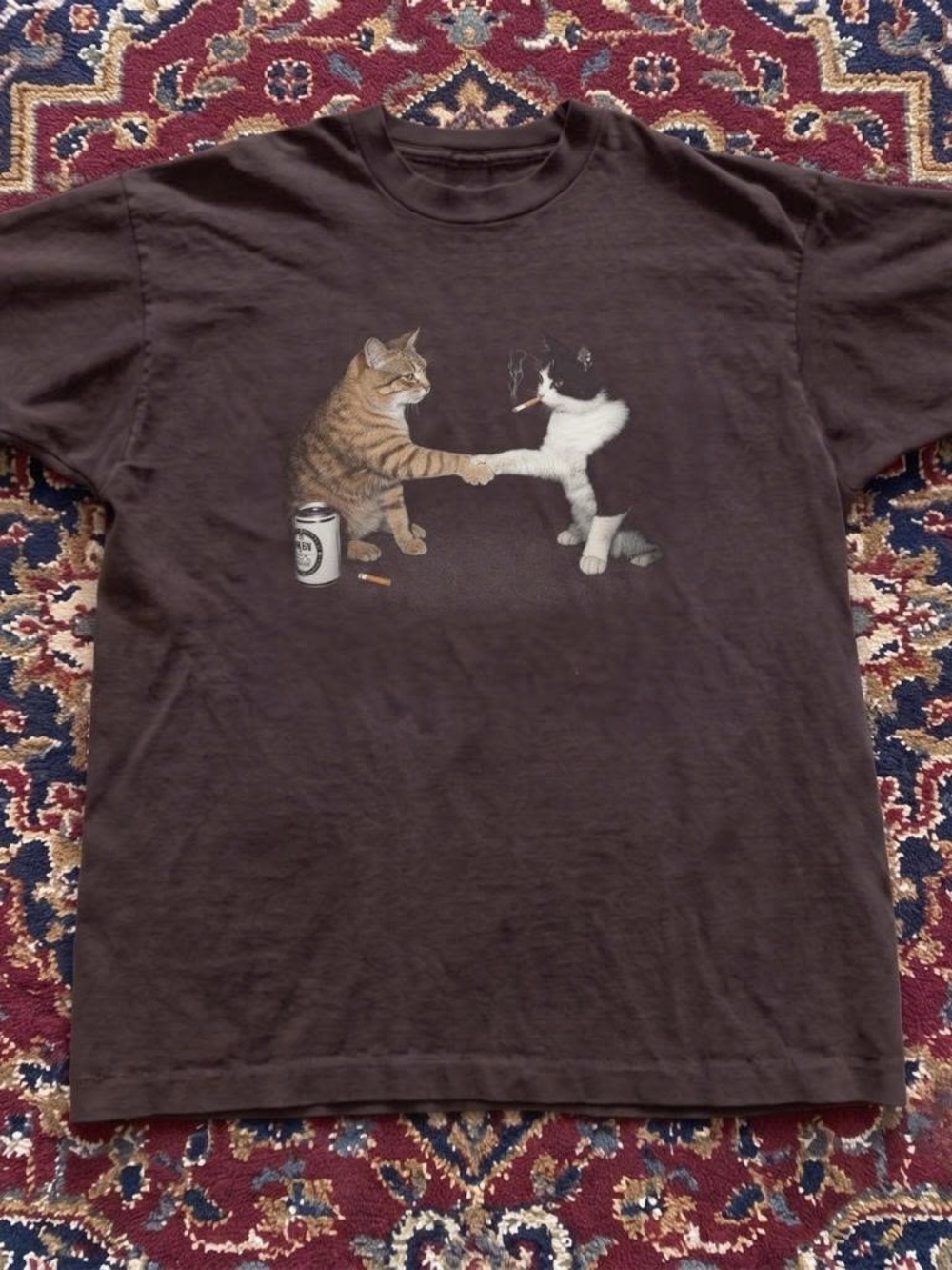 CAT - Gildan Brown Cat Graphic Tee with Two Cats Shaking Paws